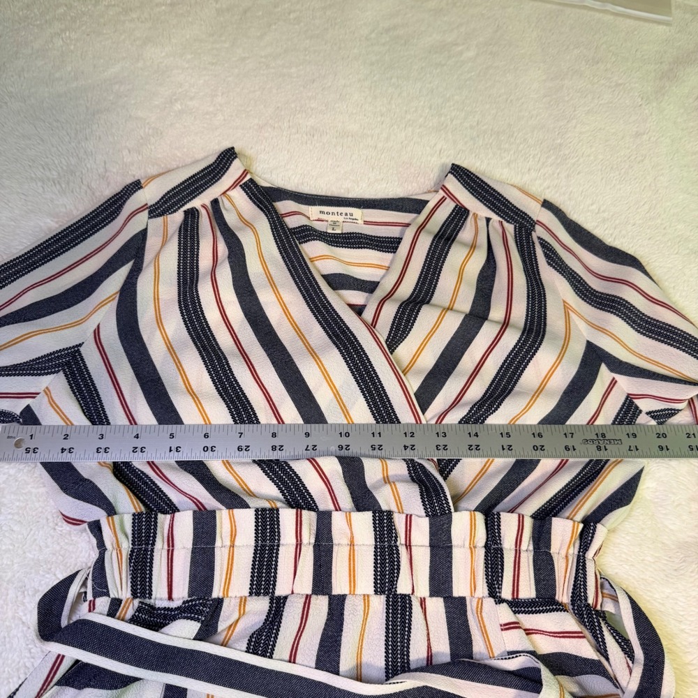 Monteau Los Angeles Striped Wrap Dress Navy Orange Cream V-Neck Pockets Large - Picture 10 of 16